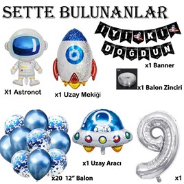 Uzay Konsepti 9 Yaş Doğum Günü Parti Kutlama Seti;  Astronot, Ufo Ve Uzay Gemisi Folyo Balon Set