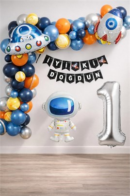 Uzay Temalı Doğum Günü Seti 1 Yaş; 4 Adet Folyo, 60 Lateks Balon, Banner, Balon Zinciri, Balon Bandı