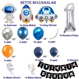 Uzay Temalı Doğum Günü Seti 1 Yaş; 4 Adet Folyo, 60 Lateks Balon, Banner, Balon Zinciri, Balon Bandı