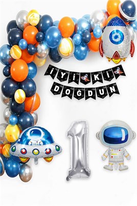 Uzay Temalı Doğum Günü Seti 1 Yaş; 4 Adet Folyo, 60 Lateks Balon, Banner, Balon Zinciri, Balon Bandı