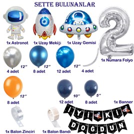 Uzay Temalı Doğum Günü Seti 2 Yaş; 4 Adet Folyo, 60 Lateks Balon, Banner, Balon Zinciri, Balon Bandı