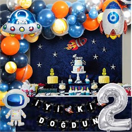 Uzay Temalı Doğum Günü Seti 2 Yaş; 4 Adet Folyo, 60 Lateks Balon, Banner, Balon Zinciri, Balon Bandı
