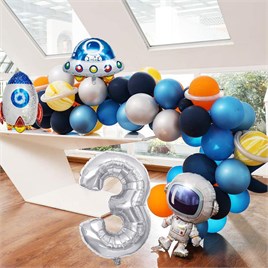 Uzay Temalı Doğum Günü Seti 3 Yaş; 4 Adet Folyo, 60 Lateks Balon, Banner, Balon Zinciri, Balon Bandı