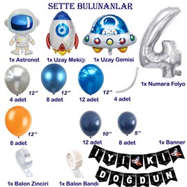 Uzay Temalı Doğum Günü Seti 4 Yaş; 4 Adet Folyo, 60 Lateks Balon, Banner, Balon Zinciri, Balon Bandı