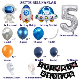 Uzay Temalı Doğum Günü Seti 5 Yaş; 4 Adet Folyo, 60 Lateks Balon, Banner, Balon Zinciri, Balon Bandı