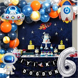 Uzay Temalı Doğum Günü Seti 6 Yaş; 4 Adet Folyo, 60 Lateks Balon, Banner, Balon Zinciri, Balon Bandı