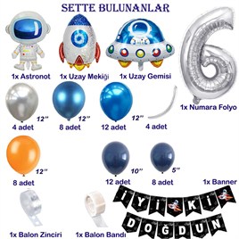Uzay Temalı Doğum Günü Seti 6 Yaş; 4 Adet Folyo, 60 Lateks Balon, Banner, Balon Zinciri, Balon Bandı
