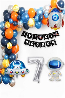 Uzay Temalı Doğum Günü Seti 7 Yaş; 4 Adet Folyo, 60 Lateks Balon, Banner, Balon Zinciri, Balon Bandı