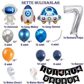 Uzay Temalı Doğum Günü Seti 7 Yaş; 4 Adet Folyo, 60 Lateks Balon, Banner, Balon Zinciri, Balon Bandı