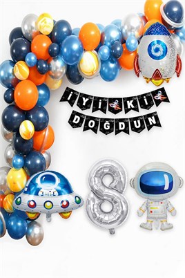Uzay Temalı Doğum Günü Seti 8 Yaş; 4 Adet Folyo, 60 Lateks Balon, Banner, Balon Zinciri, Balon Bandı