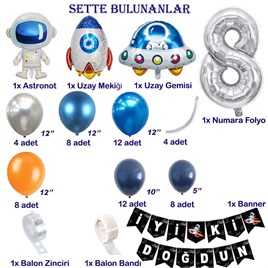 Uzay Temalı Doğum Günü Seti 8 Yaş; 4 Adet Folyo, 60 Lateks Balon, Banner, Balon Zinciri, Balon Bandı