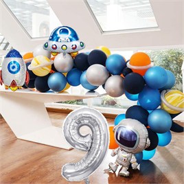 Uzay Temalı Doğum Günü Seti 9 Yaş; 4 Adet Folyo, 60 Lateks Balon, Banner, Balon Zinciri, Balon Bandı