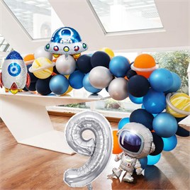 Uzay Temalı Doğum Günü Seti 9 Yaş; 4 Adet Folyo, 60 Lateks Balon, Banner, Balon Zinciri, Balon Bandı