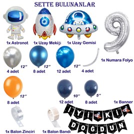 Uzay Temalı Doğum Günü Seti 9 Yaş; 4 Adet Folyo, 60 Lateks Balon, Banner, Balon Zinciri, Balon Bandı