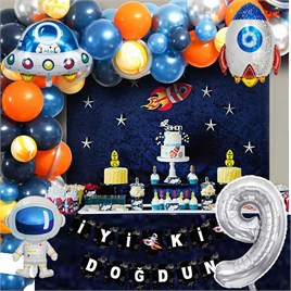 Uzay Temalı Doğum Günü Seti 9 Yaş; 4 Adet Folyo, 60 Lateks Balon, Banner, Balon Zinciri, Balon Bandı