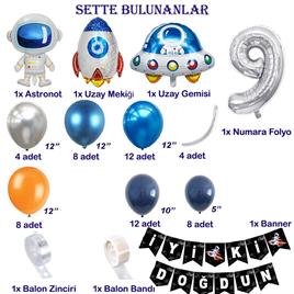 Uzay Temalı Doğum Günü Seti 9 Yaş; 4 Adet Folyo, 60 Lateks Balon, Banner, Balon Zinciri, Balon Bandı