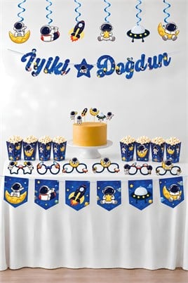 Uzay Temalı Parti Seti – Tavan Sarkıt, İyi ki Doğdun Banner, 3D Gözlük, Pasta Figürü ve Mısır Kutusu