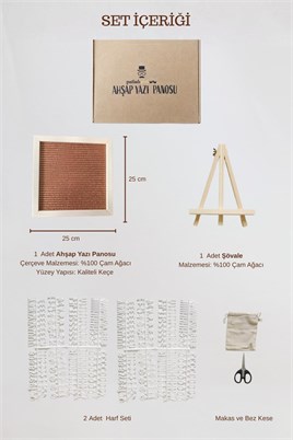 WoodArt Premium Letter Board Seti, Ceviz Kahve Keçe Yüzeyli Doğal Çam Ahşap Yazı Panosu – Şövale Standlı Dekoratif Set