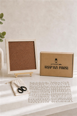 WoodArt Premium Letter Board Seti, Ceviz Kahve Keçe Yüzeyli Doğal Çam Ahşap Yazı Panosu – Şövale Standlı Dekoratif Set