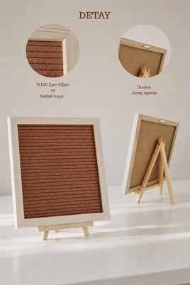 WoodArt Premium Letter Board Seti, Ceviz Kahve Keçe Yüzeyli Doğal Çam Ahşap Yazı Panosu – Şövale Standlı Dekoratif Set