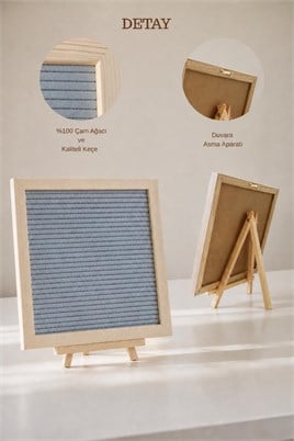 WoodArt Premium Letter Board Seti, Füme Antrasit Keçe Yüzeyli Doğal Çam Ahşap Yazı Panosu – Şövale Standlı Dekoratif Set