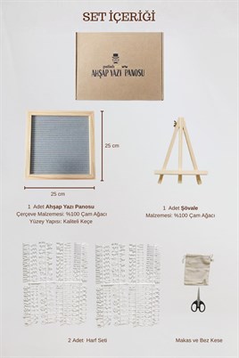 WoodArt Premium Letter Board Seti, Füme Antrasit Keçe Yüzeyli Doğal Çam Ahşap Yazı Panosu – Şövale Standlı Dekoratif Set