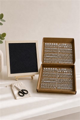 WoodArt Premium Letter Board Seti, Mat Gece Siyahı Keçe Yüzeyli Doğal Çam Ahşap Yazı Panosu – Şövale Standlı Dekoratif Set