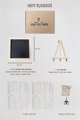 WoodArt Premium Letter Board Seti, Mat Gece Siyahı Keçe Yüzeyli Doğal Çam Ahşap Yazı Panosu – Şövale Standlı Dekoratif Set