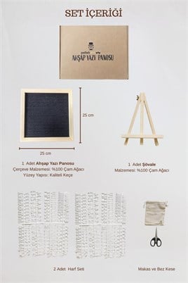 WoodArt Premium Letter Board Seti, Mat Gece Siyahı Keçe Yüzeyli Doğal Çam Ahşap Yazı Panosu – Şövale Standlı Dekoratif Set