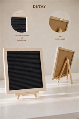 WoodArt Premium Letter Board Seti, Mat Gece Siyahı Keçe Yüzeyli Doğal Çam Ahşap Yazı Panosu – Şövale Standlı Dekoratif Set