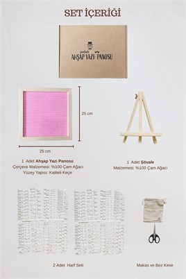 WoodArt Premium Letter Board Seti, Pudra Pembe Keçe Yüzeyli Doğal Çam Ahşap Yazı Panosu – Şövale Standlı Dekoratif Set