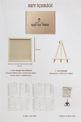 WoodArt Premium Letter Board Seti, Şampanya Krem Keçe Yüzeyli Doğal Çam Ahşap Yazı Panosu – Şövale Standlı Dekoratif Set