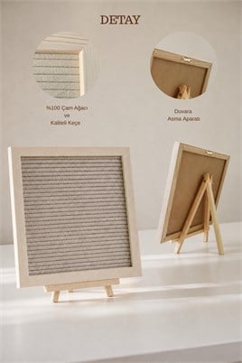 WoodArt Premium Letter Board Seti, Şampanya Krem Keçe Yüzeyli Doğal Çam Ahşap Yazı Panosu – Şövale Standlı Dekoratif Set