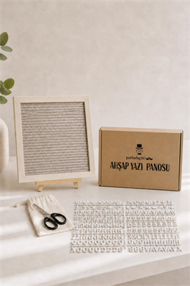 WoodArt Premium Letter Board Seti, Şampanya Krem Keçe Yüzeyli Doğal Çam Ahşap Yazı Panosu – Şövale Standlı Dekoratif Set