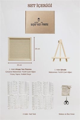 WoodArt Premium Letter Board Seti, Şampanya Krem Keçe Yüzeyli Doğal Çam Ahşap Yazı Panosu – Şövale Standlı Dekoratif Set