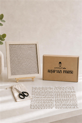 WoodArt Premium Letter Board Seti, Şampanya Krem Keçe Yüzeyli Doğal Çam Ahşap Yazı Panosu – Şövale Standlı Dekoratif Set