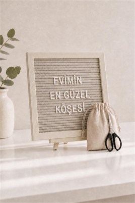 WoodArt Premium Letter Board Seti, Şampanya Krem Keçe Yüzeyli Doğal Çam Ahşap Yazı Panosu – Şövale Standlı Dekoratif Set