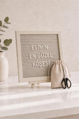 WoodArt Premium Letter Board Seti, Şampanya Krem Keçe Yüzeyli Doğal Çam Ahşap Yazı Panosu – Şövale Standlı Dekoratif Set