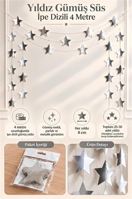 Yıldız Gümüş Altın Süs İpe Dizili 4 Metre Uzayan Parti Ramazan Bayramı Süsü Arka Fon Dekor