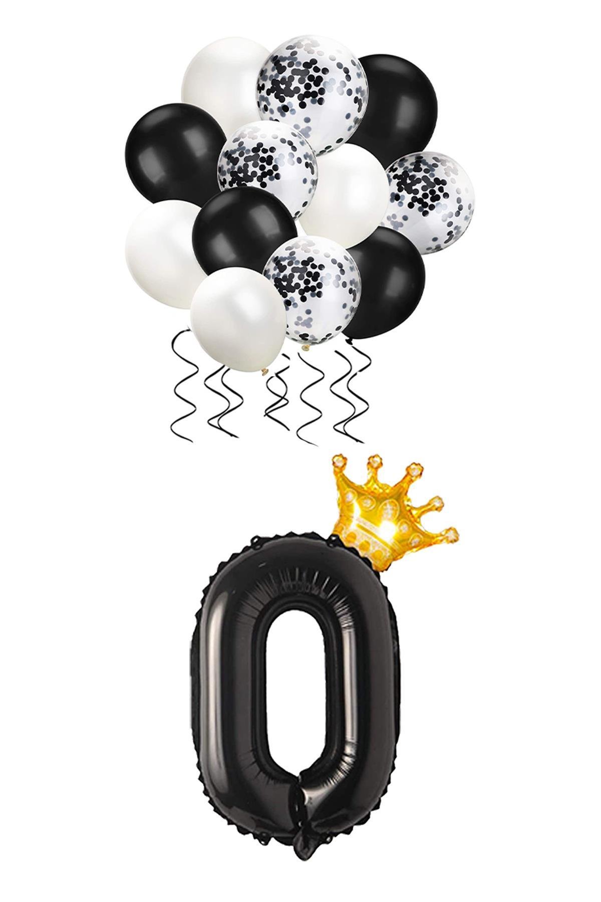 0 Rakam Siyah Folyo Balon, Kral Tacı Ve Konfetili Siyah Balon Set