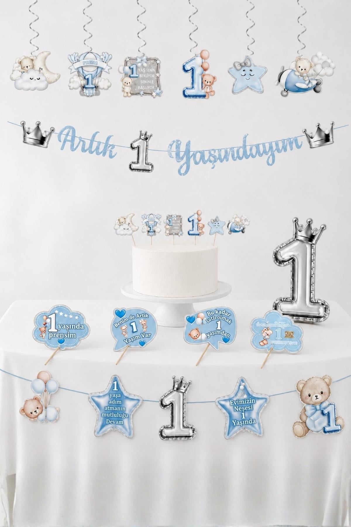 1 Yaş Erkek Bebek Parti Seti Mavi Ayıcık Temalı – Artık 1 Yaşındayım Doğum Günü Süsleri