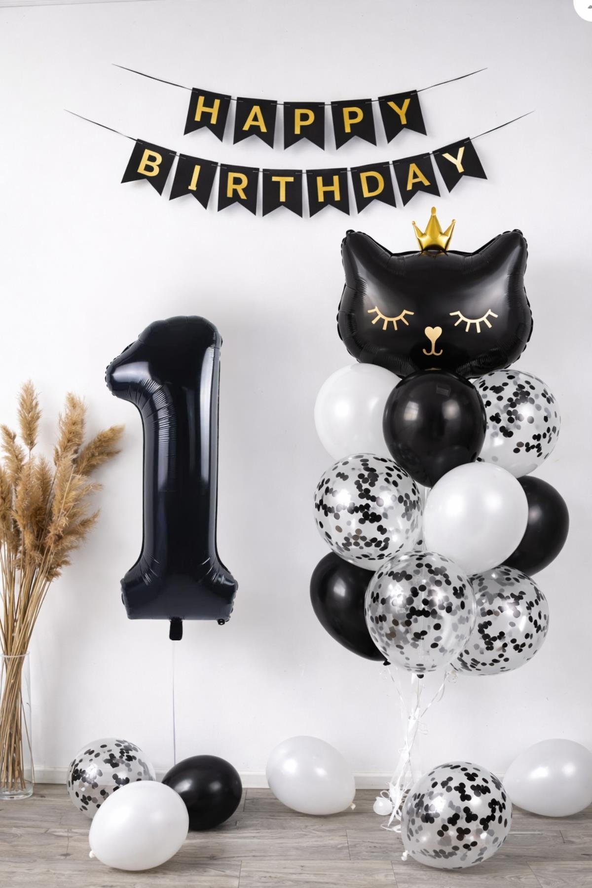 1 Yaş Kedi Temalı Doğum Günü Balon Seti – Siyah Konsept