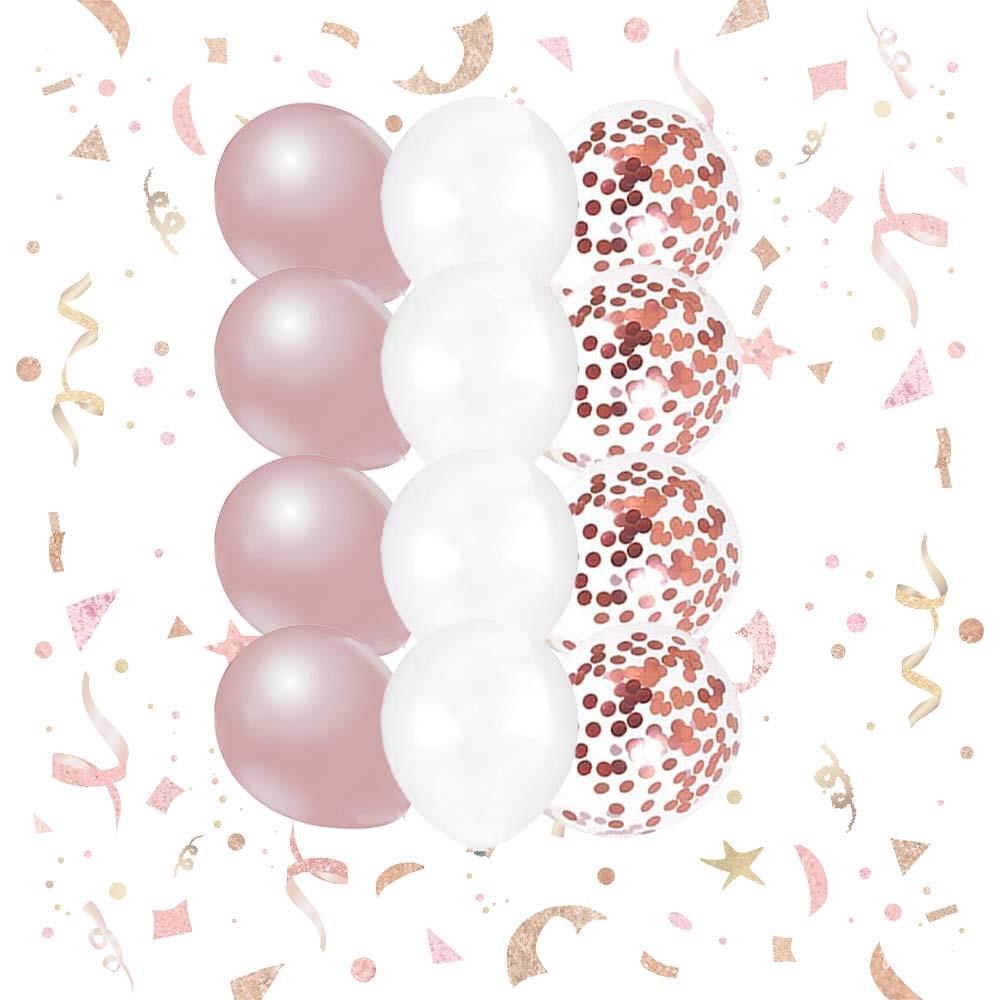 10-12 İnç Beyaz Rose Gold ve Konfetili Karışık Balon 10 Adet