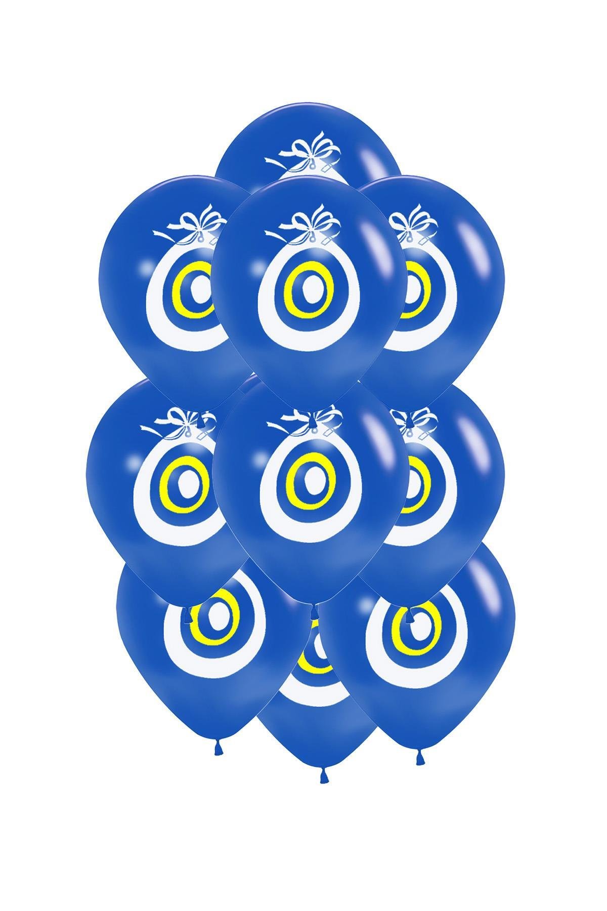12 İnç Nazar Boncuklu Koyu Mavi Maşallah Balon 10 Adet