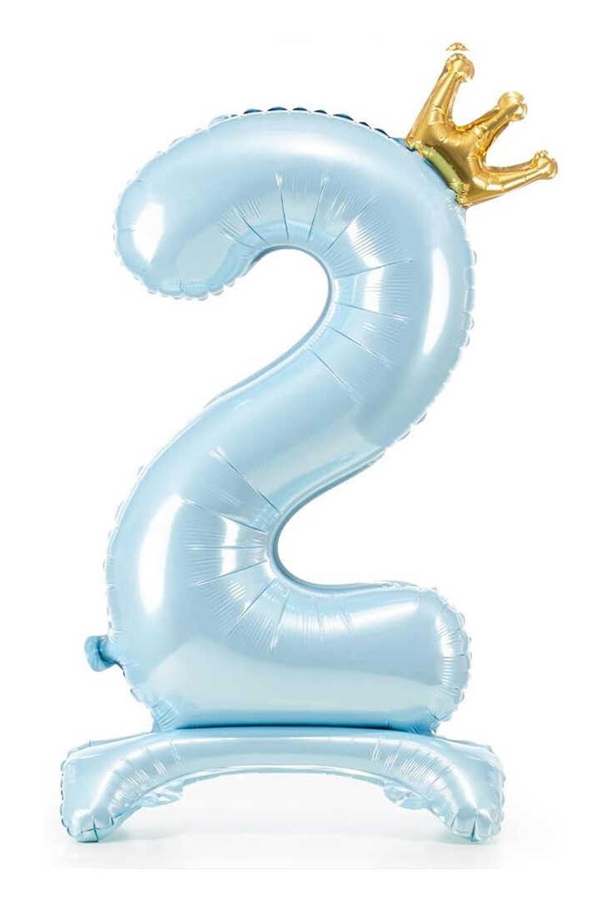2 Rakam Bebe Mavisi Renkli Ayaklı ve Kral Taç'lı Folyo Balon 34 İnç 76 Cm
