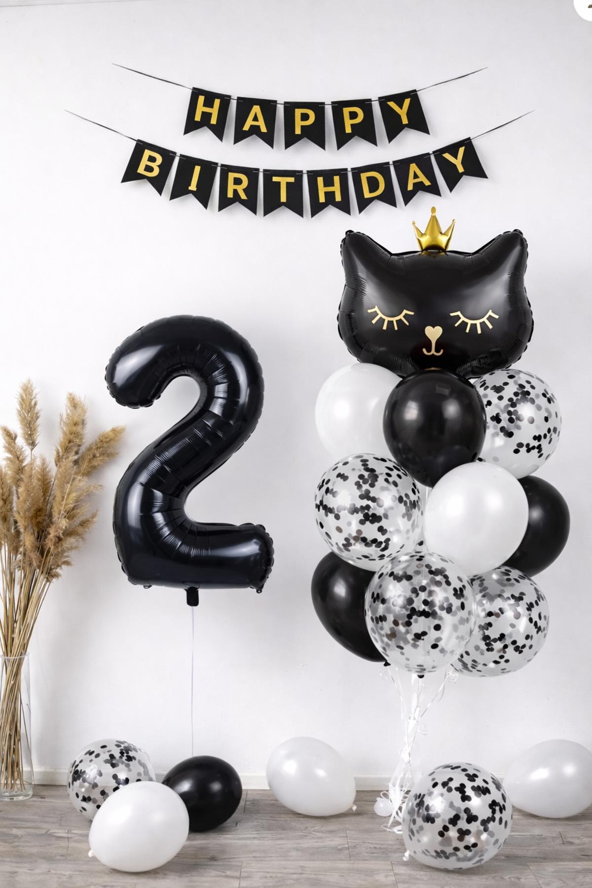 2 Yaş Kedi Temalı Doğum Günü Balon Seti – Siyah Konsept