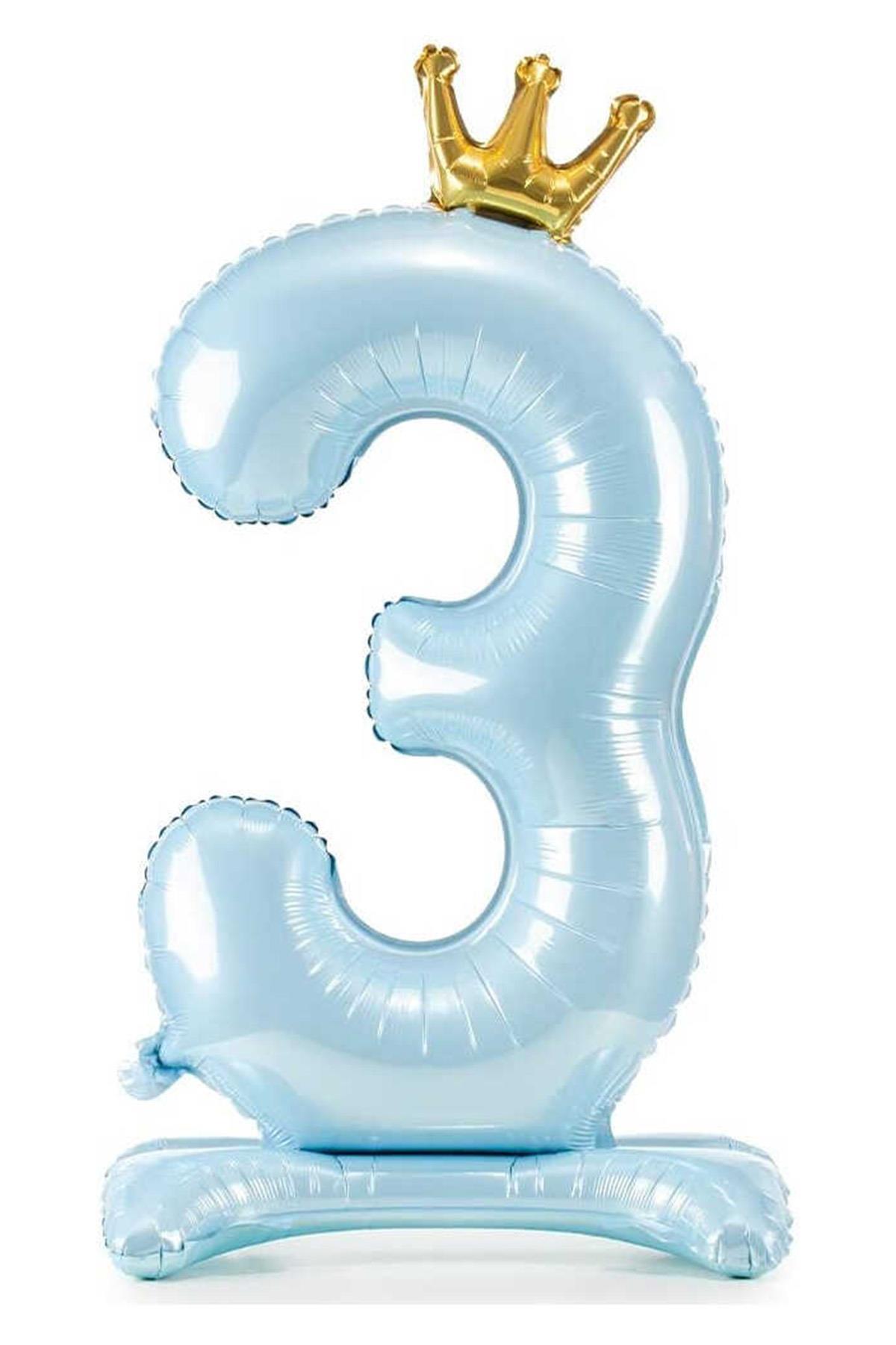 3 Rakam Bebe Mavisi Renkli Ayaklı ve Kral Taç'lı Folyo Balon 34 İnç 76 Cm
