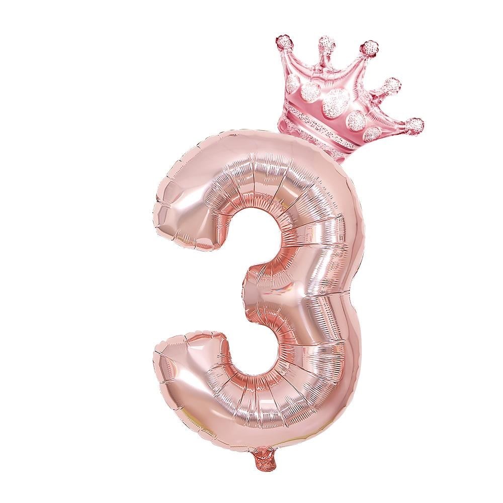 3 Rose Gold Rakam ve Kral Tacı Folyo Balon Doğum Günü Parti Kutlama Seti