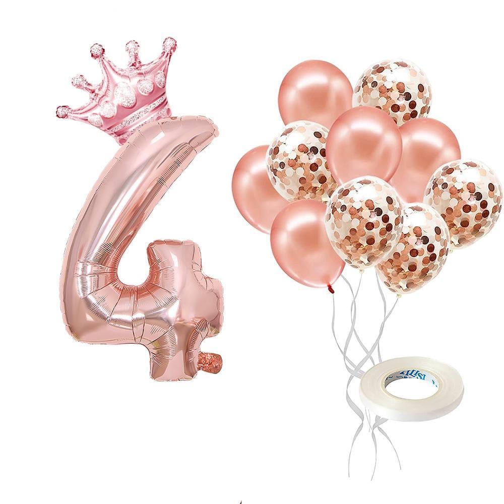 4 Rakam Rose Gold Folyo Balon, Kral Tacı Ve Konfetili Rose Gold Balon