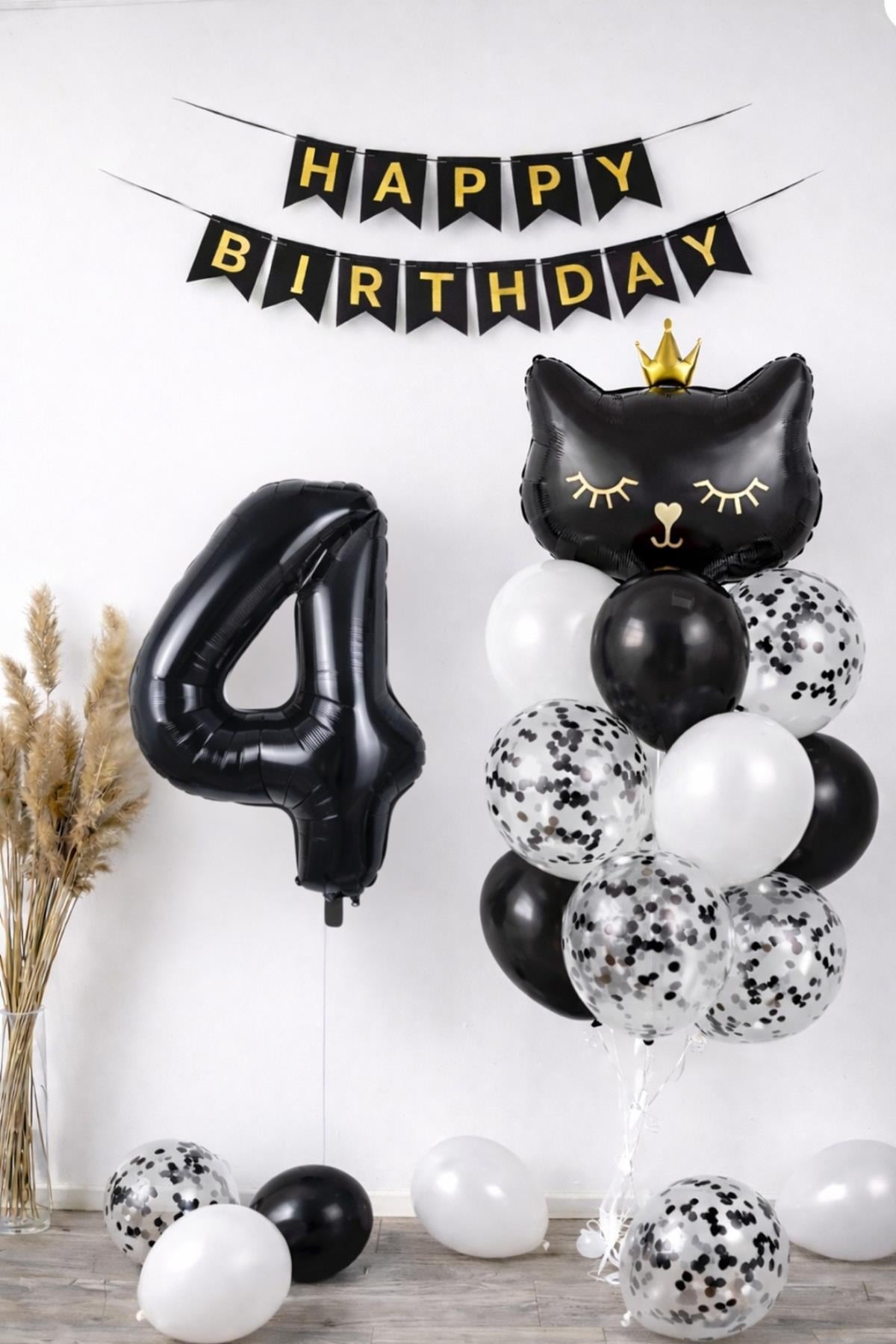 4 Yaş Kedi Temalı Doğum Günü Balon Seti – Siyah Konsept